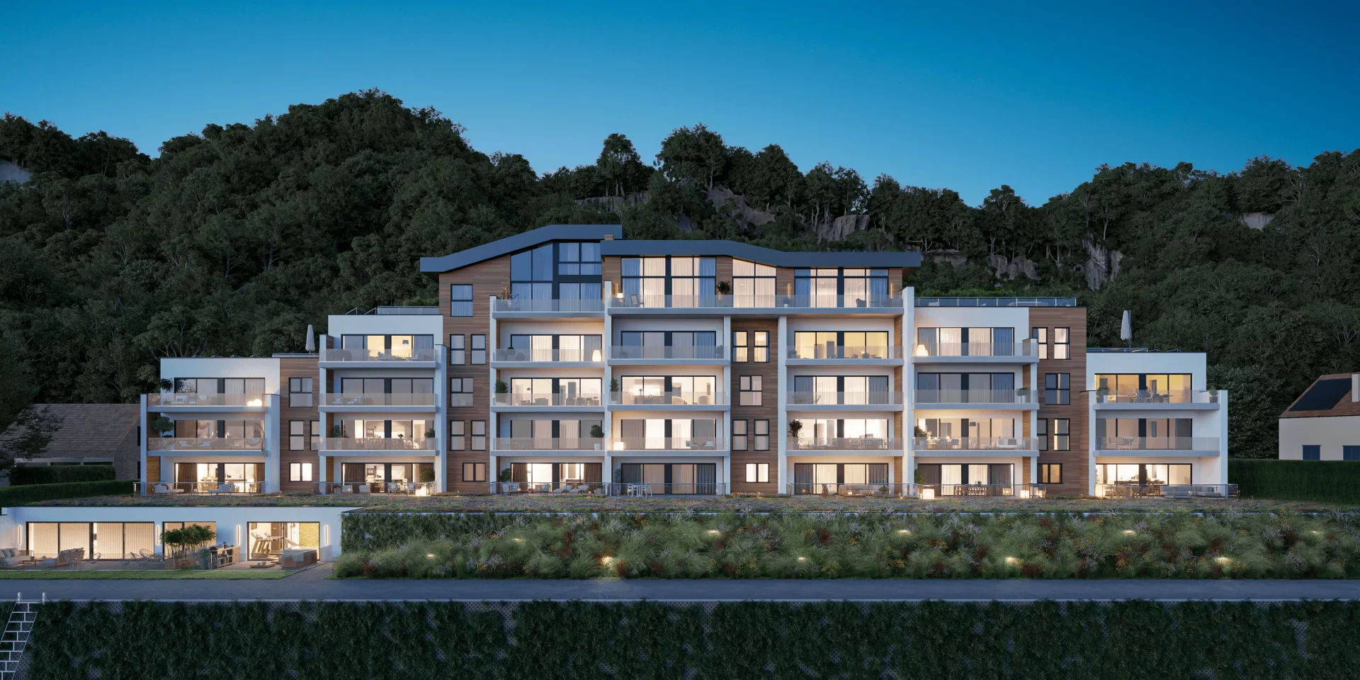Vue nocturne du projet immobilier AURA à Maizeret, Namur